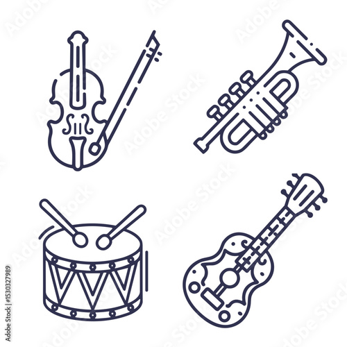 Musical Instruments Icon Set with Violin, Guitar, Trumpet and Drum for Music Education, Entertainment Websites and Audio Applications