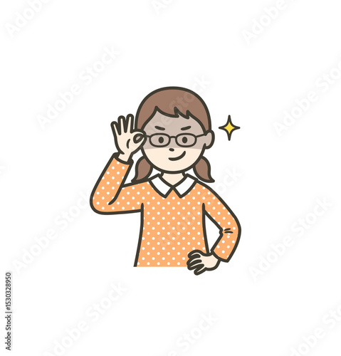 眼鏡を上げて悪巧みしてニヤける女の子