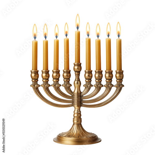 Ornate menorah with lit candles isolated on transparent background
