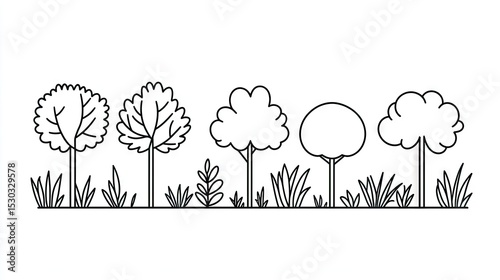 Outline illustration of trees and grass.