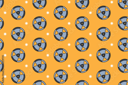 Weight plate with star seamless pattern on yellow background. Weight plate isolated motif wallpaper. Weight plates colorful doodle pattern background. Fitness, gym, weightlifting merchandise
