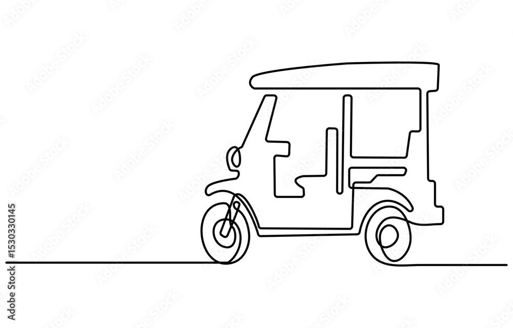 Fototapeta premium Continuous one line drawing of asian three-wheeled motor vehicle. Auto rikshaw outline illustration. Editable vector.