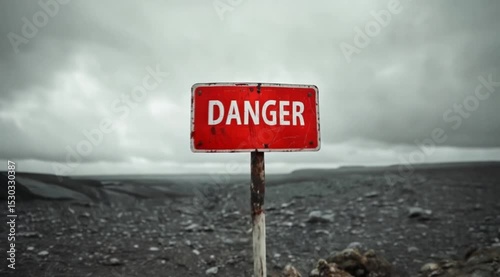 Danger Alert: Red Warning Sign Against a Harsh Rocky Landscape