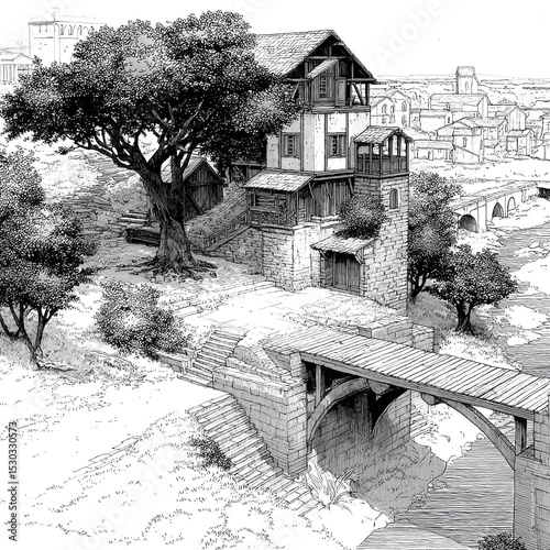 Monochrome Drawing of a Hillside Village with a Bridge