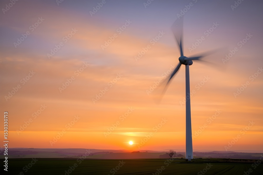 Obraz premium Renewable wind energy turbines generate clean electricity against a picturesque sunset sky
