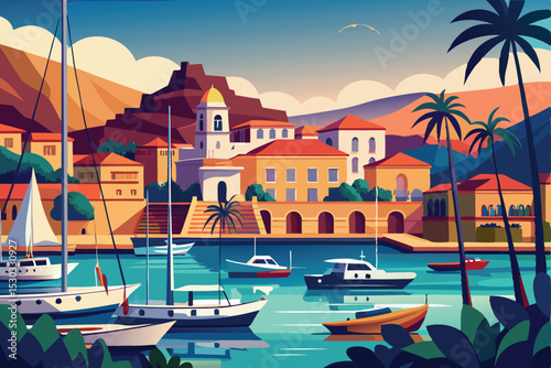 A vibrant, stylized illustration of a Mediterranean harbor town.