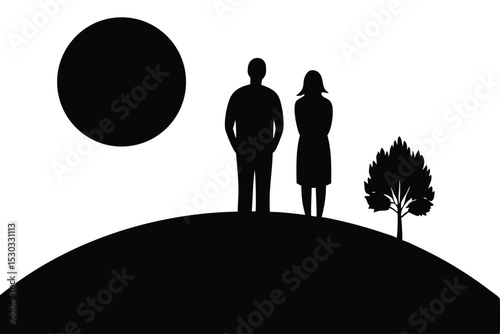 Silhouette couple watching sunrise from hilltop