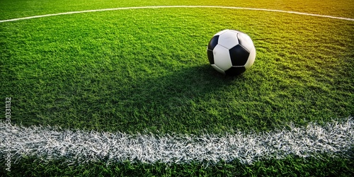 Soccer Ball Resting on a Lush Green Field: A soccer ball sits serenely on a vibrant green playing field, a moment of quietude before the next exhilarating game. The dynamic blend of sunlight, shadows.
