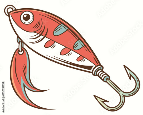 Colorful fishing lure illustration featuring a red and white design with a shiny finish, showcasing intricate details and a prominent hook for attracting fish in various water environments