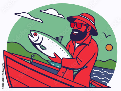Happy man in a red shirt and hat holding a large fish while fishing from a vibrant red boat on a sunny day with green hills and clouds in the background showcasing outdoor leisure