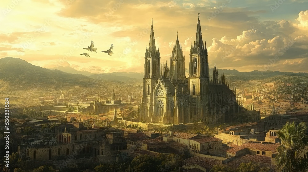 Majestic Cathedral at Sunset Over a Sprawling Medieval City Majestic Cathedral at Sunset Over a Sprawling Medieval City