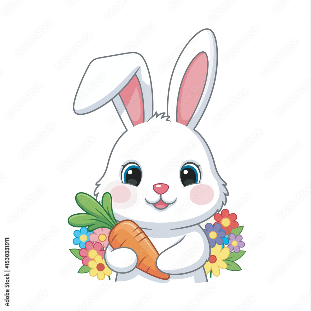 Obraz premium Adorable cartoon white rabbit holding a carrot and surrounded by colorful flowers. A charming and cheerful illustration, perfect for Easter, spring, children's themes, and animal lovers.