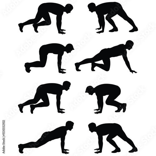 Collection of male silhouettes in dynamic pushing stances with forceful motion