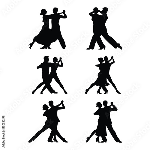 Elegant ballroom and Latin dance silhouettes showcasing dynamic partner poses