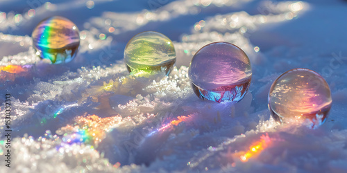 Iridescent Glass Orbs on Sparkling Snow in Winter Landscape

