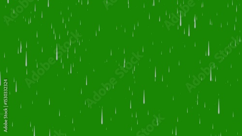 black and white texture Falling raindrops footage animation in real time on green background, Rain Overlay Background Rain Animation, Heavy rain drop, Simple white rain drops on green background.
