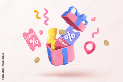 3d gift box opening simplicity icon signs with confetti. Firecracker explodes with ribbon for surprise, giving winner award, birthday party and anniversary. 3d gift box icon vector render illustration