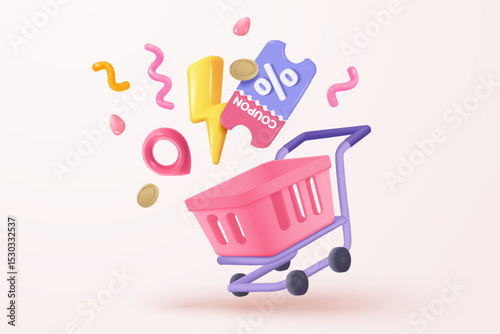 3d shopping bag with price tags for online shopping and digital marketing concept. Basket and promotion tag on purple background. Shopping bag for buy, sale, discount. 3d vector icon illustration