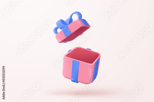 3d gift box opening simplicity icon signs with confetti. Firecracker explodes with ribbon for surprise, giving winner award, birthday party and anniversary. 3d gift box icon vector render illustration
