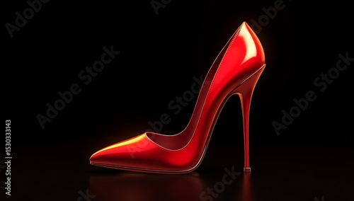 High heel stiletto shoe in glossy red with golden shine, isolated on black background. Symbol of fashion, confidence, femininity.