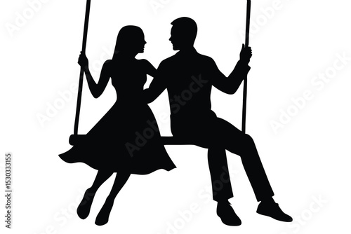 Romantic couple silhouette on a swing