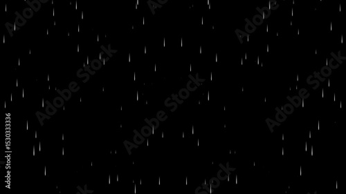 black and white texture Falling raindrops footage animation in real time on black background, Rain Overlay Background Rain Animation, Heavy rain drop, Simple white rain drops on black background.