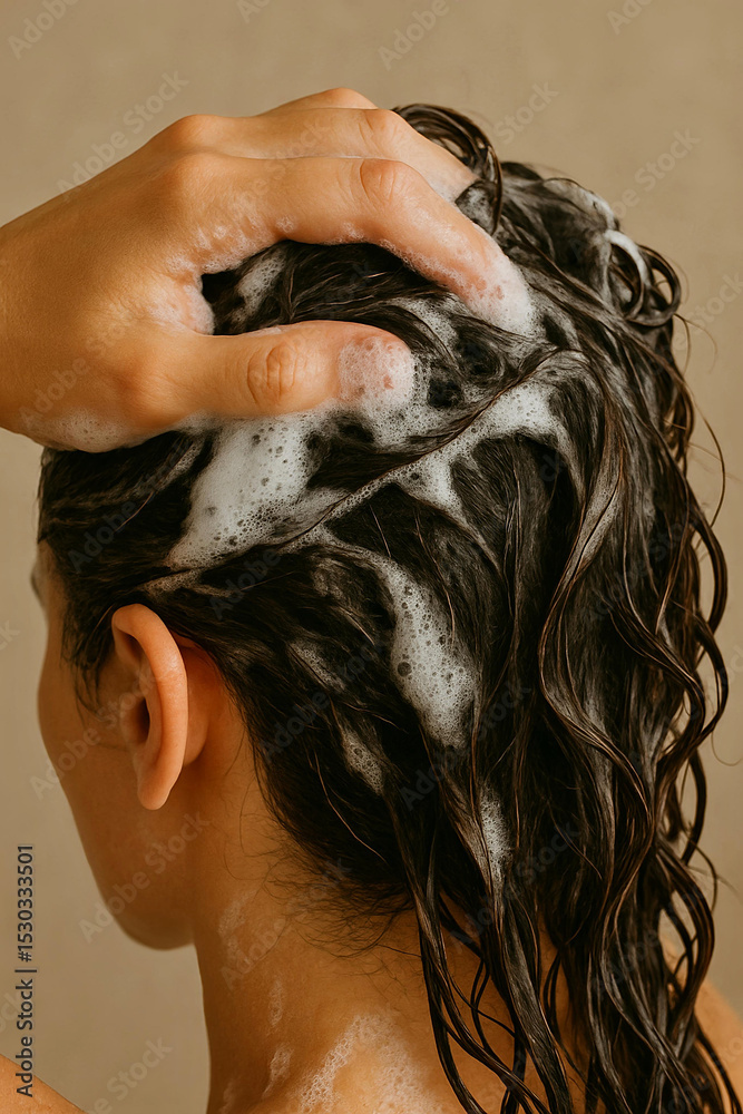 Naklejka premium woman washing wet hair shampoo soap brunette hygiene wellness health cleanliness scalp rinse lather