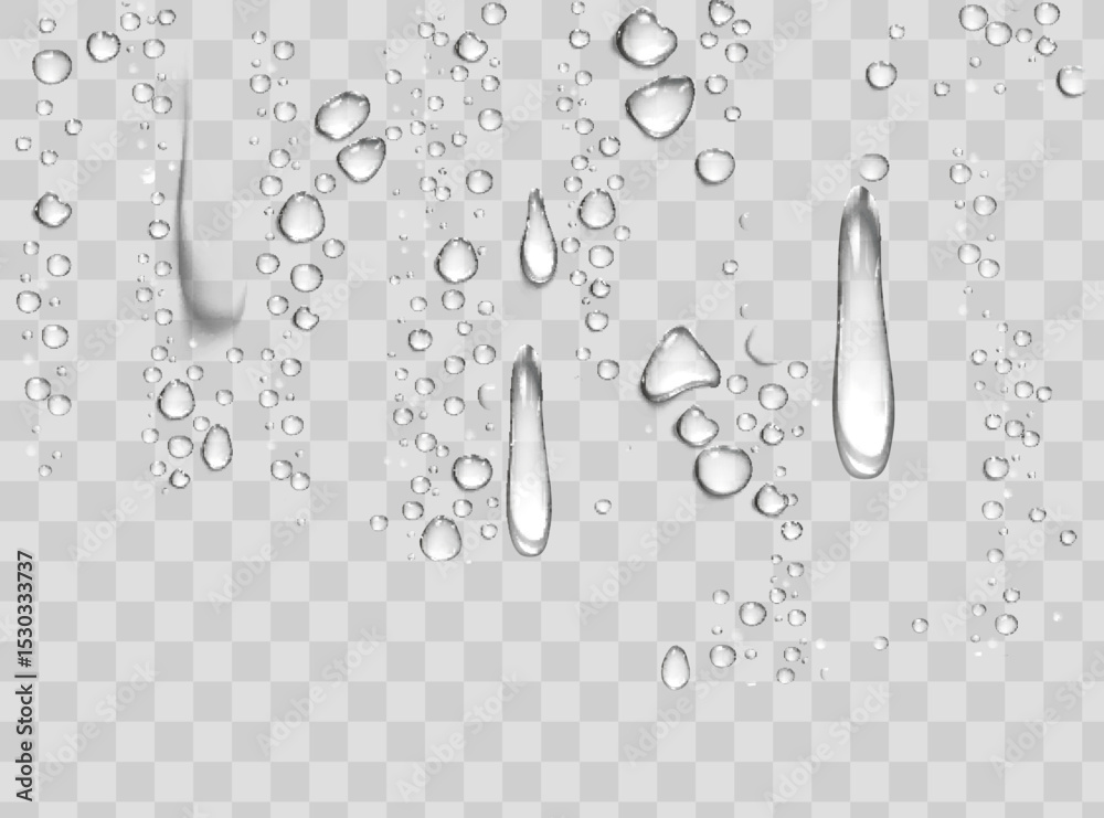 Water rain drops or steam shower isolated on transparent background. Realistic pure droplets condensed. Vector clear vapor water bubbles on window glass surface for your design.