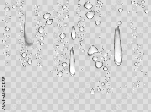 Water rain drops or steam shower isolated on transparent background. Realistic pure droplets condensed. Vector clear vapor water bubbles on window glass surface for your design.