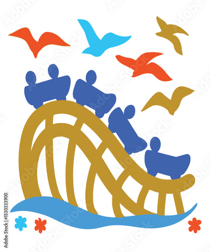 Colorful Abstract Roller Coaster Ride with Birds and Waves Illustration