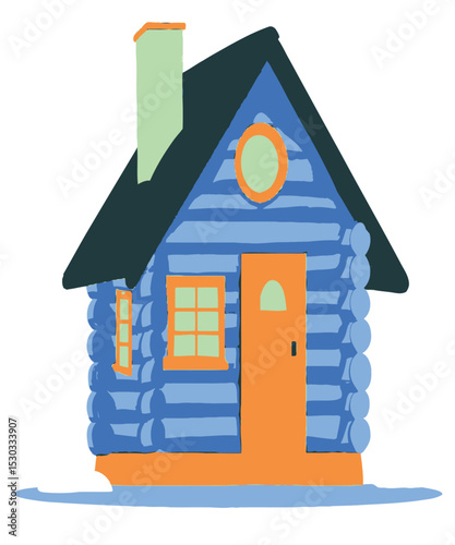 Colorful Hand-Drawn Log Cabin in Blue and Orange Style