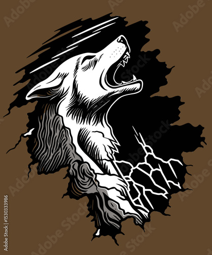 Howling Wolf Emerging from Cracked Surface in Artistic Illustration