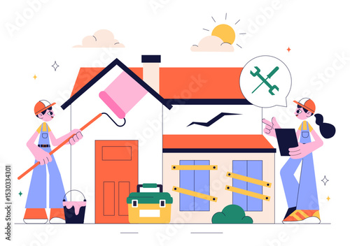 Home Renovation or Repair Service Vector Illustration Featuring a Team of Cleaners and Repair Workers Building, Painting, and Maintaining a House