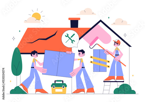 Home Renovation or Repair Service Vector Illustration Featuring a Team of Cleaners and Repair Workers Building, Painting, and Maintaining a House