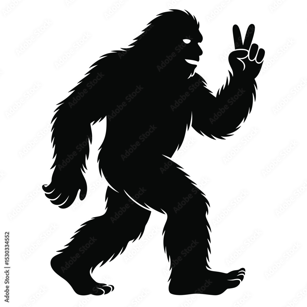 Fototapeta premium Cartoonish silhouette of bigfoot holding peace sign in lighthearted pose