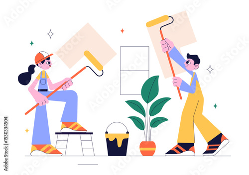 Home Renovation or Repair Service Vector Illustration Featuring a Team of Cleaners and Repair Workers Building, Painting, and Maintaining a House