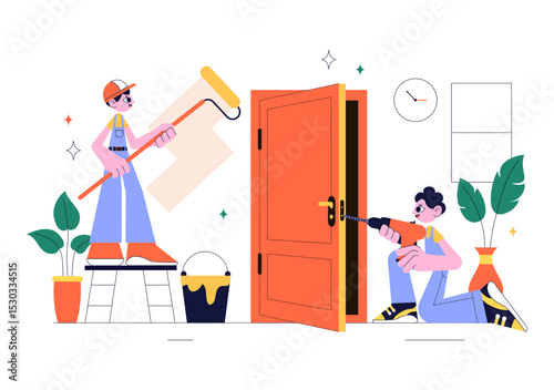Home Renovation or Repair Service Vector Illustration Featuring a Team of Cleaners and Repair Workers Building, Painting, and Maintaining a House