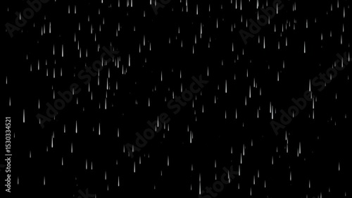 black and white texture Falling raindrops footage animation in real time on black background, Rain Overlay Background Rain Animation, Heavy rain drop, Simple white rain drops on black background.