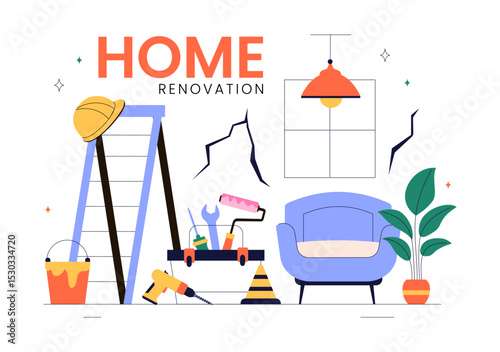 Home Renovation or Repair Service Vector Illustration Featuring a Team of Cleaners and Repair Workers Building, Painting, and Maintaining a House