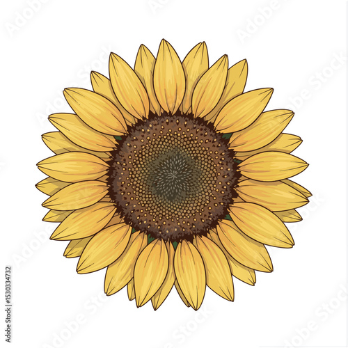 Bright and detailed illustration of a single sunflower, capturing its vibrant yellow petals and intricate seed head. Perfect for themes of nature, summer, happiness, growth, and natural beauty. 