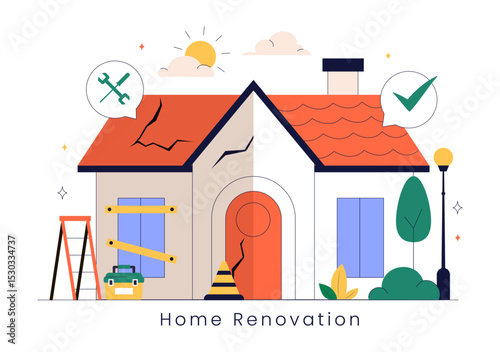 Home Renovation or Repair Service Vector Illustration Featuring a Team of Cleaners and Repair Workers Building, Painting, and Maintaining a House