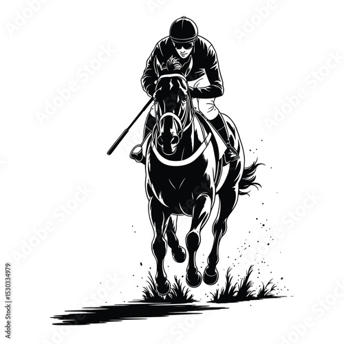 Sequence of jockey riding a galloping horse in silhouette showing motion stages