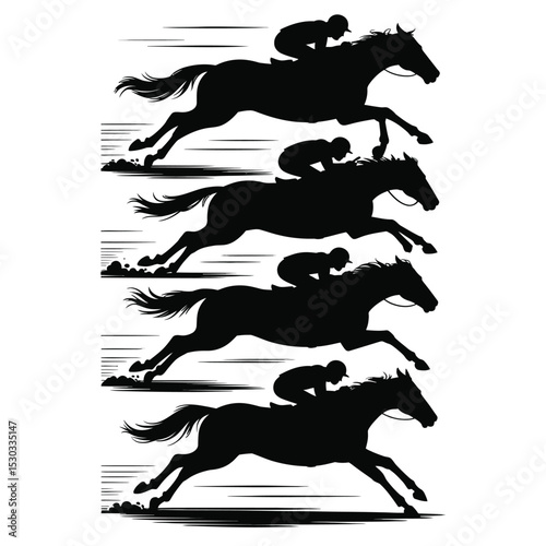 Sequence of jockey riding a galloping horse in silhouette showing motion stages