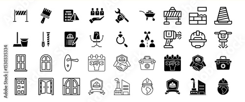 Construction and Building Industry Icon Set: A comprehensive collection of 36 high-quality vector icons representing various aspects of construction, building, and maintenance.