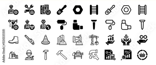 Construction Worker Icons: A Comprehensive Set of Black and White Vector Illustrations