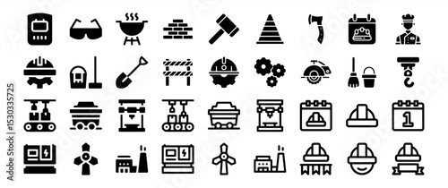 A comprehensive collection of 36 diverse construction and industry icons, including tools, equipment, safety gear, and worker representations, suitable for various design projects.