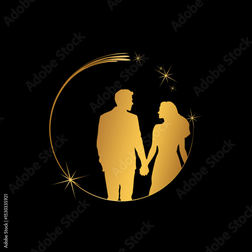 
Golden Silhouette of a Couple Holding Hands Under the Night Stars, Perfect for romantic themes, wedding inspirations and love stories