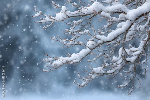 Snow covered branches with a soft blue background and falling flakes of precipitation