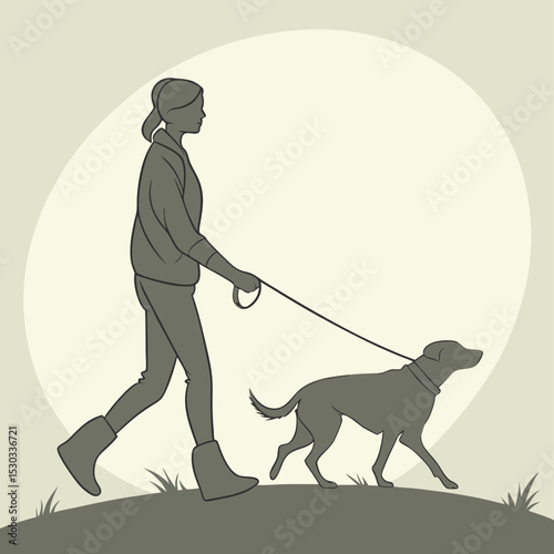 A woman walking her dog with a leash on a grassy hill