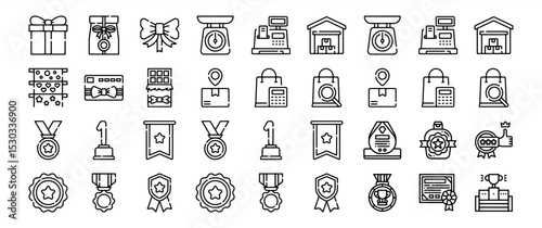 A diverse collection of line icons representing various aspects of shopping, awards, and logistics, including gifts, scales, POS systems, warehouses, medals, trophies, and certificates.
